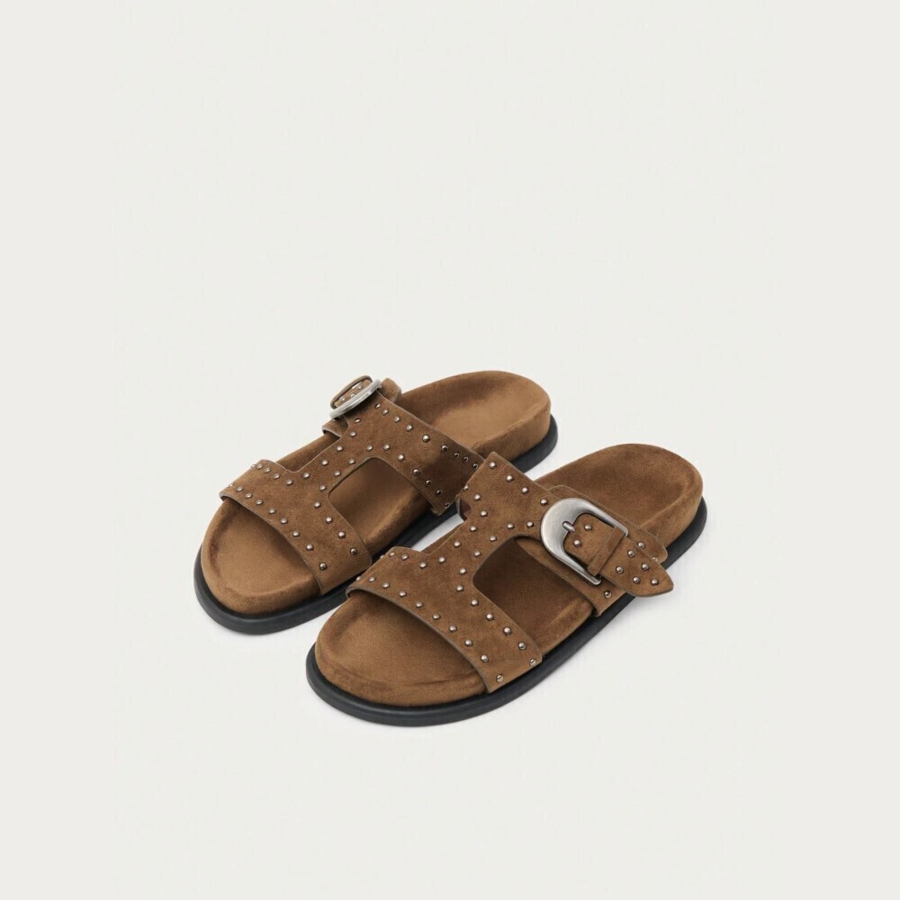 Brown Faux Suede Studded Buckle Cutout Flat Slide Sandals